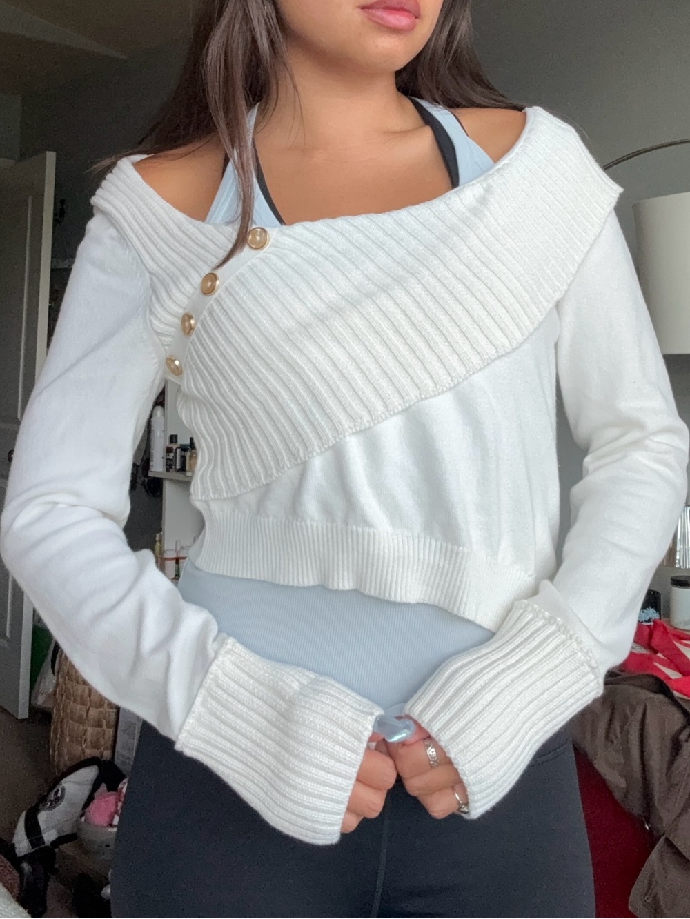 silence + noise White Off-Shoulder Ribbed-Trim Sweater with Decorative Buttons